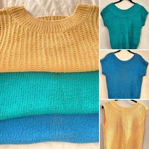 LOT/3 VTG 80s/90s Knit Short Cap Sleeve Sweater Top Vests-Teal Blue Green Yellow